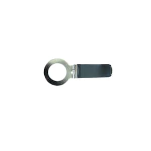 May include: A silver-coloured metal ring terminal with a rectangular black plastic sleeve. The ring has a circular opening. The terminal is designed for electrical connections.