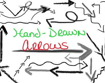Pode incluir: Uma coleção de flechas desenhadas à mão em preto e cinza. As flechas são de vários formatos e tamanhos, e algumas são curvas ou onduladas. O texto "Hand-Drawn Arrows" está escrito em verde e vermelho.