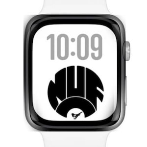 May include: A white Apple Watch with a black face displaying the time 10:09. The watch face also features a black and white logo with the letters "NUF" and a small bird.