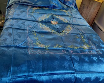 Vintage embroidered silk bed cover with two shams