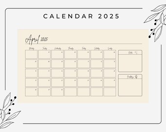 May include: A printable calendar for April 2025 with spaces for notes and birthdays. The calendar has a simple black and white design.