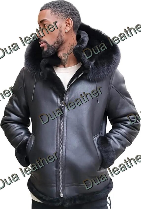 Leatherforum Men's Genuine Leather Bomber Jacket – Black Hooded Winter Coat, Slim Fit, Motorcycle Style