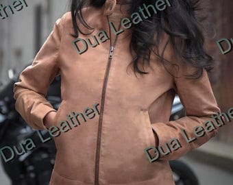 Tan Suede Leather Biker Jacket: Handmade Fitted Moto Style