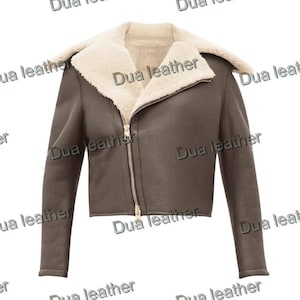 Damen Lammfell-Lederjacke - brauner Aviator-Stil mit Kunstpelzkragen, warmer Winter-Bikermantel, Geschenk für sie, moderne Lederjacke