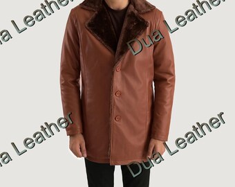 Handmade Shearling Lined Leather Overcoat: Men's Winter Trench Coat