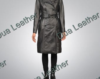 Genuine Leather Trench Coat - Double Breasted Belted Black Overcoat
