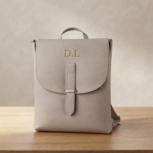 May include: A light grey backpack with a textured surface, featuring a top handle and a flap closure secured by a vertical strap with a gold-toned metal accent. The letters D.L are embossed in gold on the front flap of the backpack.