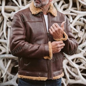 Men Brown Shearling Leather Bomber Jacket | Sheepskin Aviator Jacket Winter Coat
