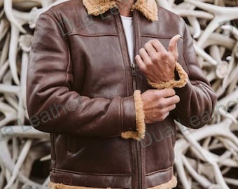 Men Brown Shearling Leather Bomber Jacket | Sheepskin Aviator Jacket Winter Coat