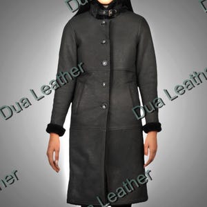 Manteau femme en cuir retourné, Veste d'hiver longue en peau de mouton retournée noire, Pardessus long en cuir croisé pour femme, Trench-coat en cuir noir