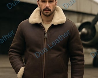 Herren Shearling Lederjacke B3 – Vintage Fliegerjacke aus Lammfell, Warme Echtleder Pilotenjacke Winter