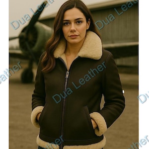 Women’s Shearling Leather Jacket Real Sheepskin B3 Aviator Coat Vintage Winter Bomber Warm Fur Flight Jacket