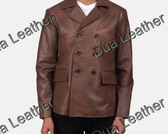 May include: A brown leather jacket with a double-breasted design. The jacket has a notched collar, two front pockets, and button closures. The sleeves are long, and the jacket appears to be well-fitted.