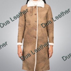 Women&#39;s Shearling Sheepskin Coat, Long Brown Leather Winter Jacket, Real Shearling Lined, Button Closure, White Fur Collar