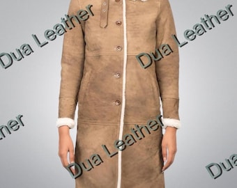 Shearling Sheepskin Coat: Long Brown Leather Winter Jacket with White Fur Collar