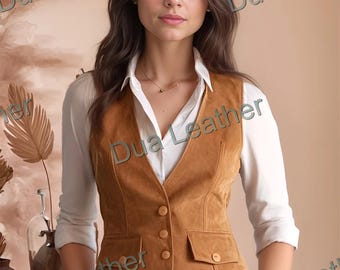Brown Suede Leather Vest Women Vintage Button Front Fitted Waistcoat
