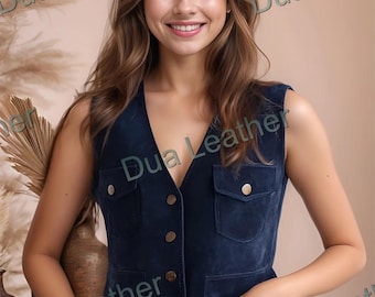 Navy Blue Leather Vest Women Vintage Button Front Fitted Waistcoat