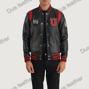 Men&#39;s Black Leather Varsity Jacket: Retro USA Flag Bomber