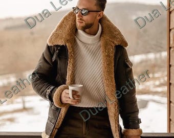 Men’s B3 Shearling Leather Jacket, Vintage Aviator Bomber Jacket, Real Sheepskin Winter Coat