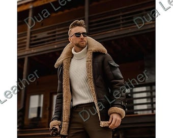 Men’s B3 Shearling Leather Jacket, Vintage Aviator Bomber Coat, Real Sheepskin Winter Jacket