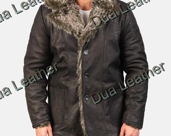 Men’s Shearling Biker Jacket, Sheepskin Fur Winter Coat, Handmade Leather Overcoat