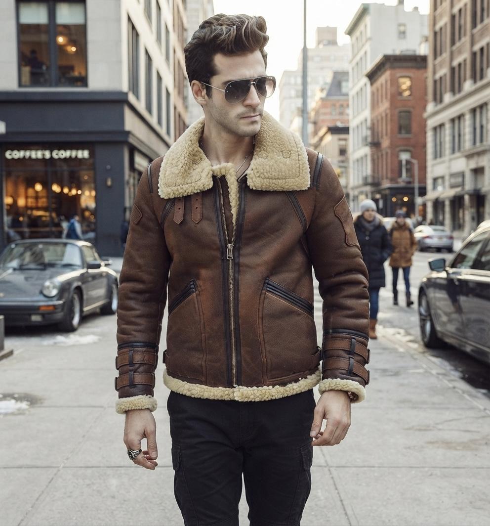 Men's B3 Bomber Jacket Shearling Sheepskin Aviator Coat WW2 Flight