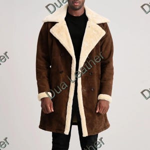 Men’s Brown Shearling Leather Coat Vintage Winter Sheepskin Jacket Handmade Suede Trench Warm Fur Lined Outerwear