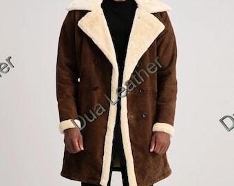 Men's Shearling Suede Trench Coat, Vintage Sheepskin Overcoat, Handmade Leather Winter Jacket