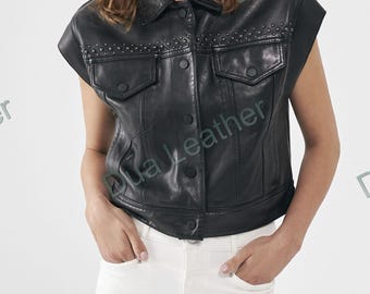 Black Leather Biker Vest Women Cropped Motorcycle Waistcoat Studded Sleeveless Jacket