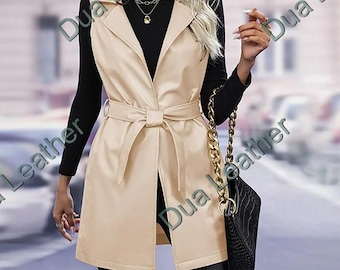 Beige Leather Vest Women Long Belted Sleeveless Waistcoat Tailored Minimalist