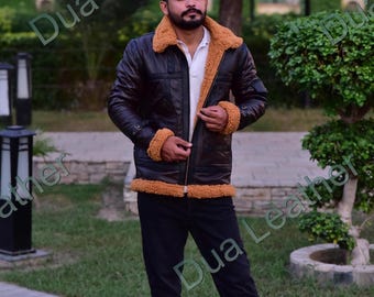 Men’s Shearling Bomber Jacket, Vintage B3 Aviator Coat, Real Sheepskin Leather Winter Jacket