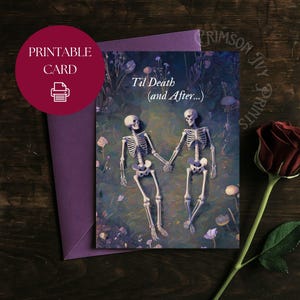 Cartão postal de amantes de esqueletos, cartão comemorativo Dark Academia pintável, arte gótica, cartão digital romântico, presente para amante/marido/esposa/ela/ele