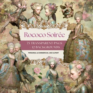Puede incluir: Arte digital que presenta figuras de la época rococó con vestidos y atuendos elaborados. La imagen incluye el texto "Rococo Soirée" y detalles sobre PNG transparentes y fondos, aptos para uso personal y comercial.