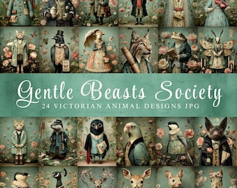 Gentle Beasts Society – Victorian Anthropomorphic Animal Vintage Portrait Designs JPG Journaling Papers (Digital Download)