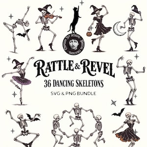 Puede incluir: Un paquete gráfico digital titulado Rattle & Revel 36 Dancing Skeletons que presenta varias ilustraciones en blanco y negro de esqueletos en movimiento, incluyendo figuras con sombreros, vestidos y tutús, junto a murciélagos, estrellas y una luna creciente.