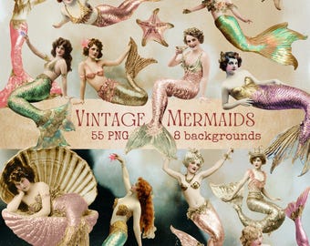 Vintage zeemeerminnen PNG-clipartbundel ongewenste dagboek- en scrapbookkit (digitale download)