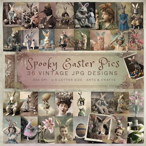 May include: A collage of vintage-style images featuring anthropomorphic rabbits in various scenes. The images have a spooky, antique aesthetic, with text that reads "Spooky Easter Pics" and "36 Vintage JPG Designs."