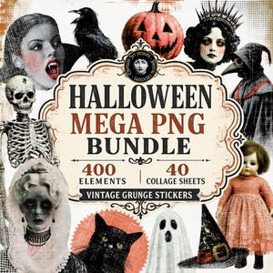 Könnte beinhalten: Ein digitales Halloween-Mega-PNG-Paket mit 400 Elementen und 40 Collage-Bögen mit Vintage-Grunge-Aufklebern. Die Grafik zeigt einen Vampir, einen Raben, einen Kürbis, ein Skelett, ein Gespenst, eine schwarze Katze, einen Hexenhut und eine Puppe.