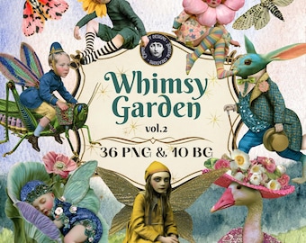 May include: A digital collage sheet titled Whimsy Garden vol.2 36 PNG & 10 BG featuring surreal illustrations of children with flower heads, a rabbit in a suit, a child on a grasshopper, a sleeping child in a flower, and a goose in a hat.