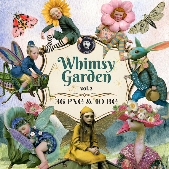 Whimsical Garden ClipArt, Spring Junk Journal Collage Kit, Quirky Scrapbook Ephemera PNG (Digital Download)