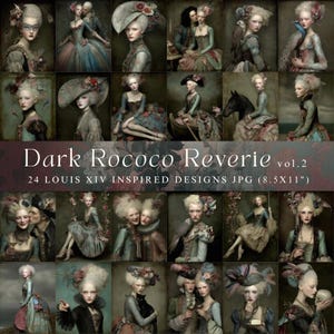 May include: A collection of 24 digital art prints titled "Dark Rococo Reverie vol. 2," inspired by Louis XIV designs. The images feature portraits of women in elaborate Rococo-era attire, with detailed costumes and accessories. The prints are 8.5 x 11 inches.