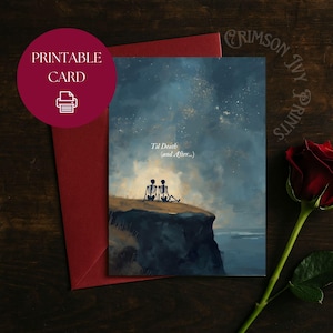 Cartão de felicitações de casal esqueleto noite estrelada arte digital gótica academia escura cartão romântico para impressão presente para amante, marido, esposa, ela, ele