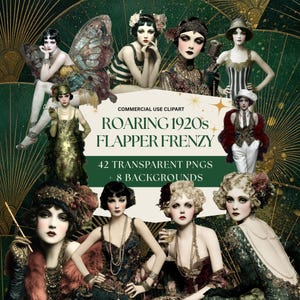 Può includere: Arte digitale con diverse illustrazioni di donne in abiti flapper degli anni '20. L'immagine include il testo "Roaring 1920s Flapper Frenzy" e dettagli sulla clipart e sugli sfondi inclusi. La tavolozza dei colori è principalmente verde, oro e nero.