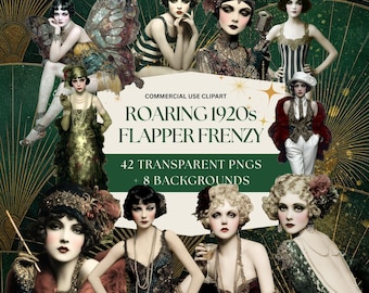 1920s Flapper Clipart Set - Art Deco PNG, Jazz Age Grafiken (digitaler Download)