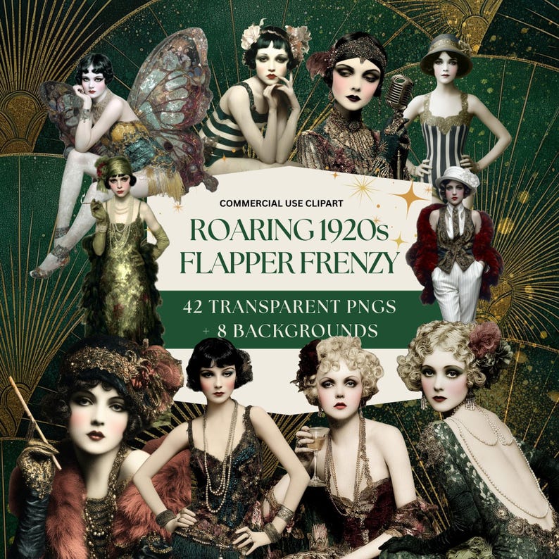 1920s Flapper Clipart Set – Art Deco PNG, Jazz Age Graphics (digital ...
