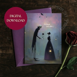 Tarjeta imprimible de pareja de esqueletos: Grim and Ivy, tarjeta de felicitación gótica: regalo espeluznante para enamorados, postal digital de San Valentín de Dark Academia.