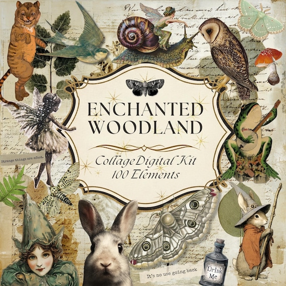 Enchanted Woodland Junk Journal Kit, Fairy Goblincore Clipart, Vintage Collage Ephemera Elements (Digital Download)