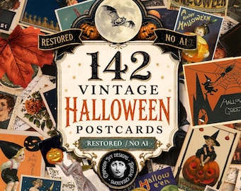 May include: A collection of 142 vintage Halloween postcards featuring various illustrations of pumpkins, witches, and bats. The central label displays the text 142 VINTAGE HALLOWEEN POSTCARDS, RESTORED NO AI, and CRIMSON IVY DESIGNS DIGITAL CREATIONS.