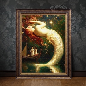 Golden Mermaid Wall Art Printable – Gothic Fantasy Ocean Portrait, Mythical Sea Maiden Poster, Nautical Dark Academia Decor (Portrait)