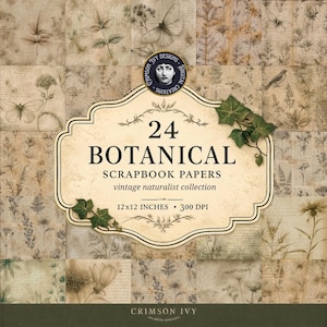 Op de afbeelding: Een set van 24 botanische scrapbook-papieren met vintage naturalistische ontwerpen. De papieren tonen illustraties van planten, vlinders en handgeschreven tekst. Elk vel meet 30,5 x 30,5 cm.